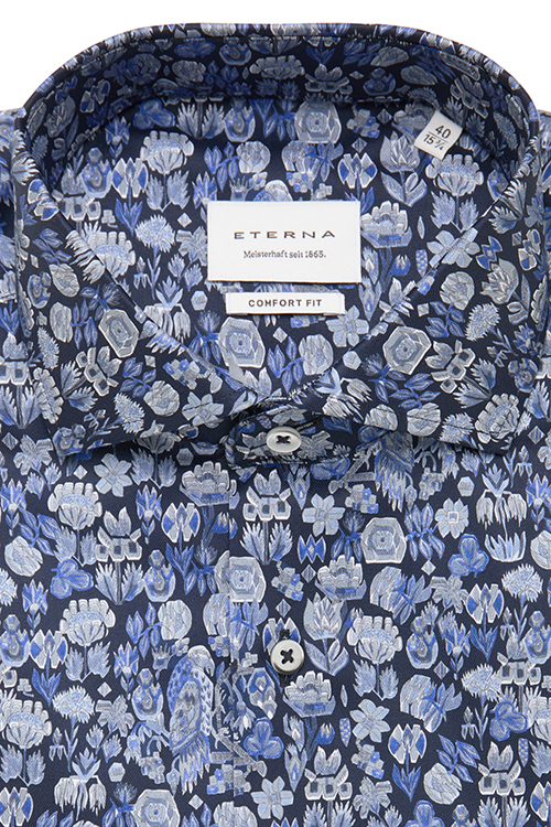 ETERNA Comfort Fit Hemd Langarm New Kent Kragen Muster blau