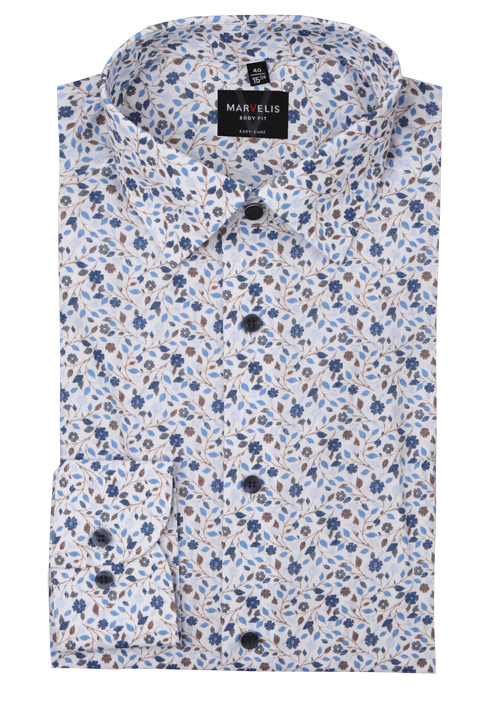 MARVELIS Body Fit Hemd Langarm New Kent Kragen Blumenmuster blau