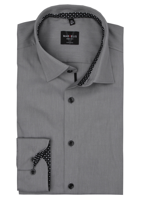 MARVELIS Body Fit Hemd Langarm New Kent Kragen Chambray grau