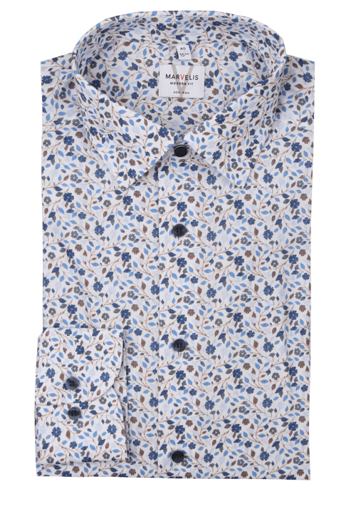 MARVELIS Modern Fit Hemd Langarm New Kent Kragen Blumenmuster blau