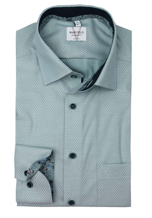 MARVELIS Modern Fit Hemd Langarm New Kent Kragen Muster gr�n
