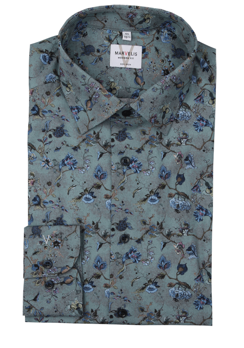 MARVELIS Modern Fit Hemd Langarm New Kent Kragen Muster gr�n