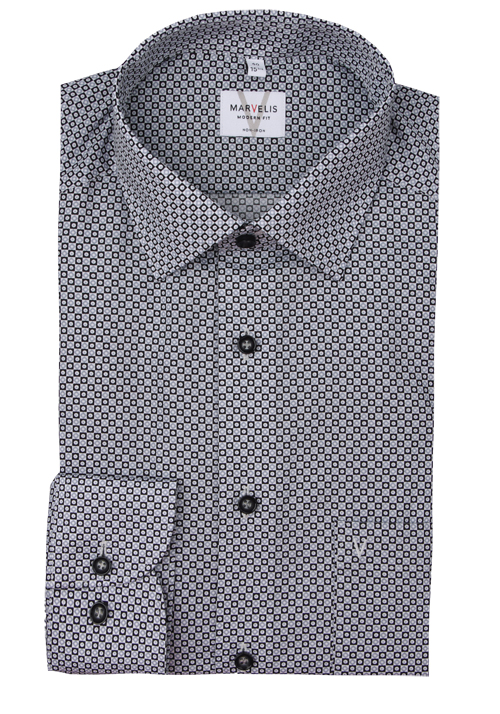 MARVELIS Modern Fit Hemd Langarm New Kent Kragen Muster schwarz