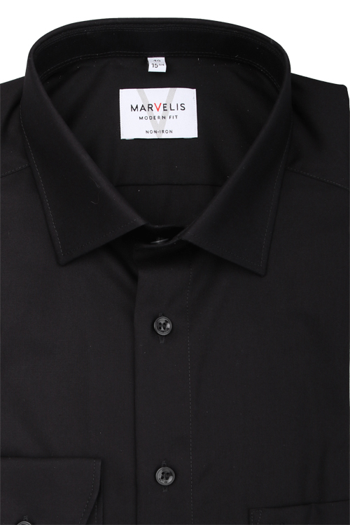 MARVELIS Modern Fit Hemd Langarm mit Brusttasche Popeline schwarz