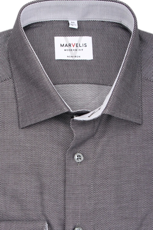 MARVELIS Modern Fit Hemd Langarm New Kent Kragen Struktur schwarz