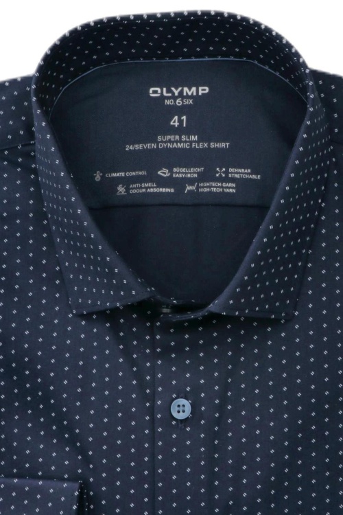 OLYMP No. Six 24/Seven super slim Hemd extra langer Arm New Kent Kragen Muster blau