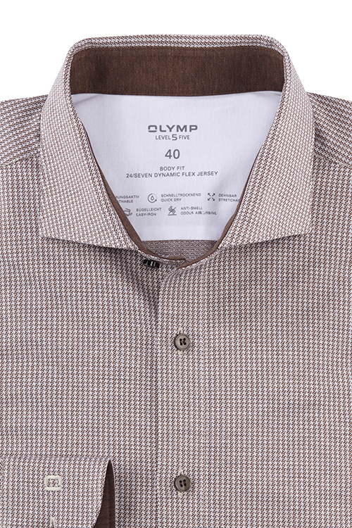 OLYMP Level Five 24/Seven body fit Hemd extra langer Arm Haifischkragen Jersey Muster braun