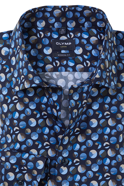 OLYMP Luxor Modern Fit Hemd extra kurzer Arm New Kent Kragen Muster dunkelblau