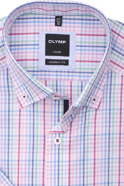 OLYMP Luxor modern fit Hemd Halbarm Button Down Kragen Karo blau/rosa