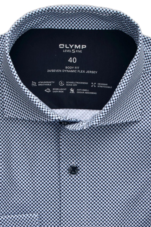 OLYMP Level Five 24/Seven body fit Hemd Langarm Haifischkragen Muster blau