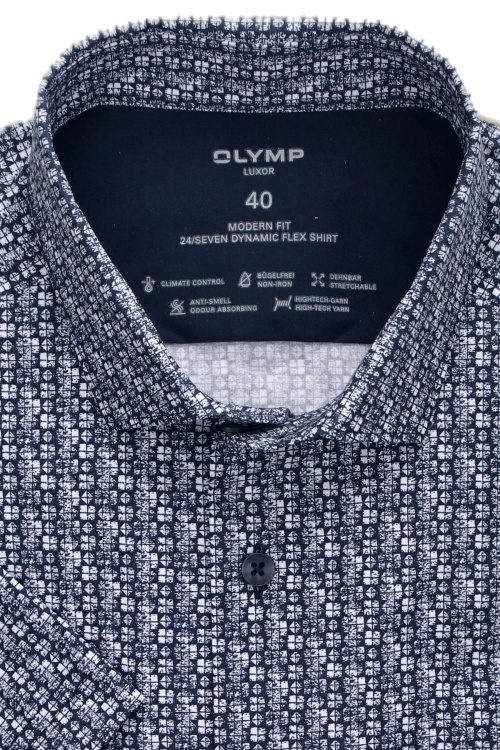 OLYMP Luxor 24/Seven modern fit Hemd Halbarm New Kent Kragen Muster blau
