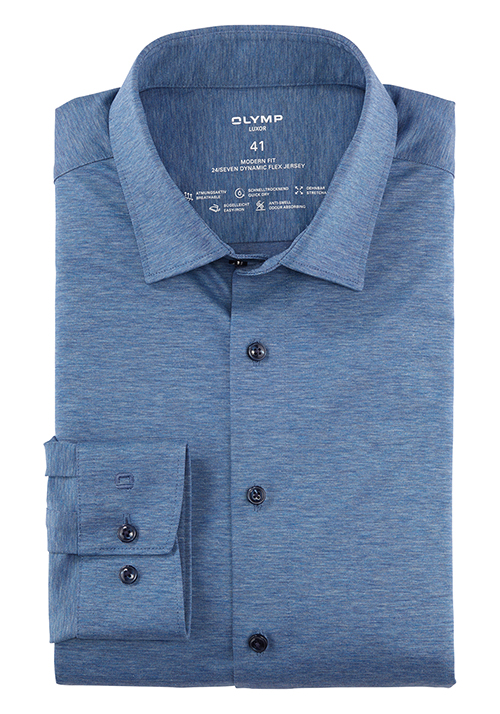 OLYMP Luxor 24/Seven modern fit Hemd extra langer Arm New Kent Kragen  Jersey blau | Businesshemden