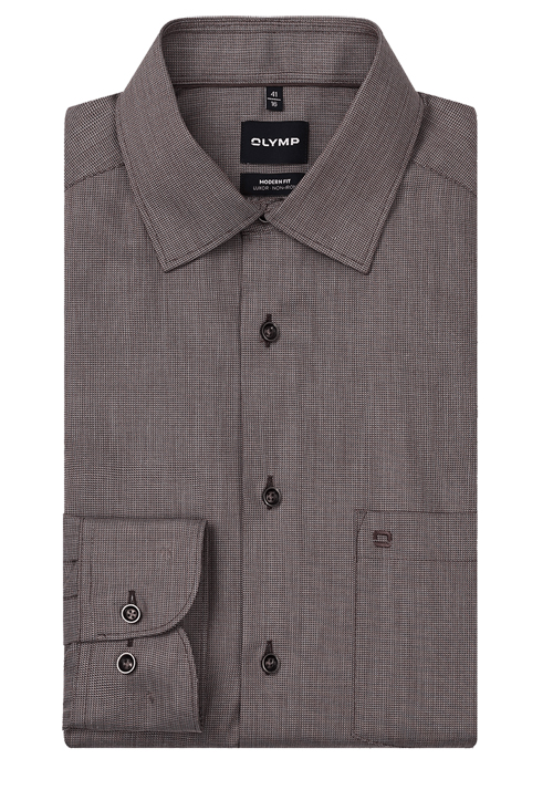 OLYMP Luxor modern fit Hemd Langarm New Kent Kragen Muster braun