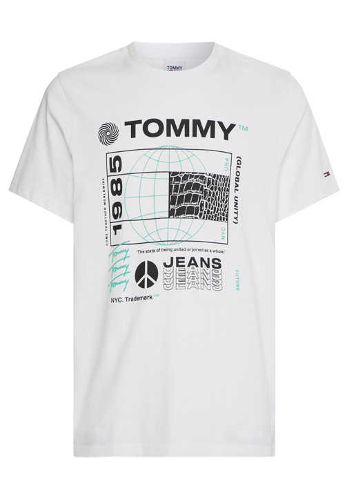 TOMMY JEANS Halbarm T-Shirt Rundhals Front-Logo-Print wei