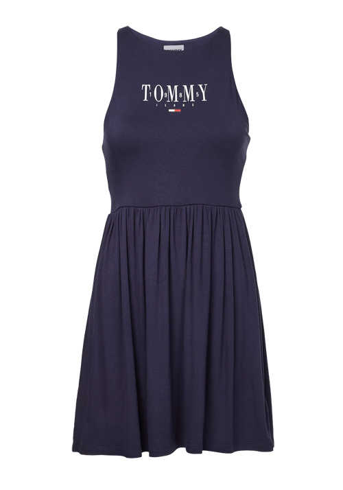 TOMMY JEANS rmelloses Kleid Rundhals Front-Logo-Print nachtblau